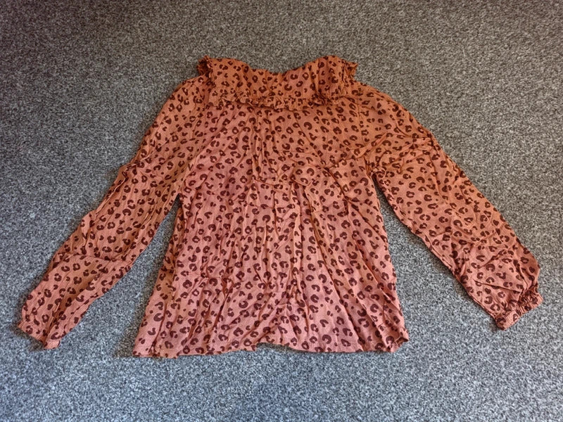 H&M Girls Brown Leopard Print Frill Collar Blouse – Age 6–7 Years