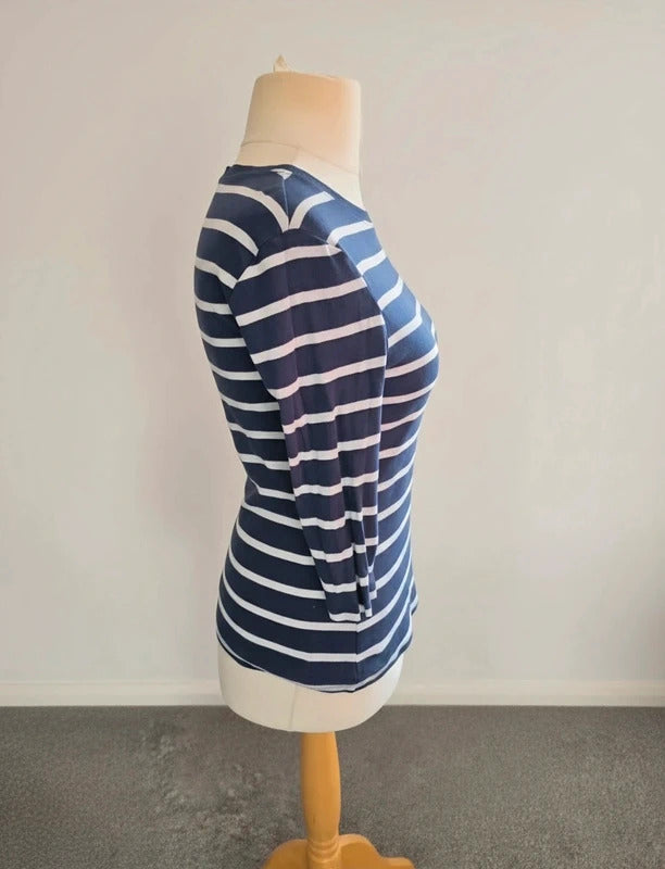 Matalan Navy & White Striped Fitted T-Shirt Size 10 3/4 Sleeve Cotton Top