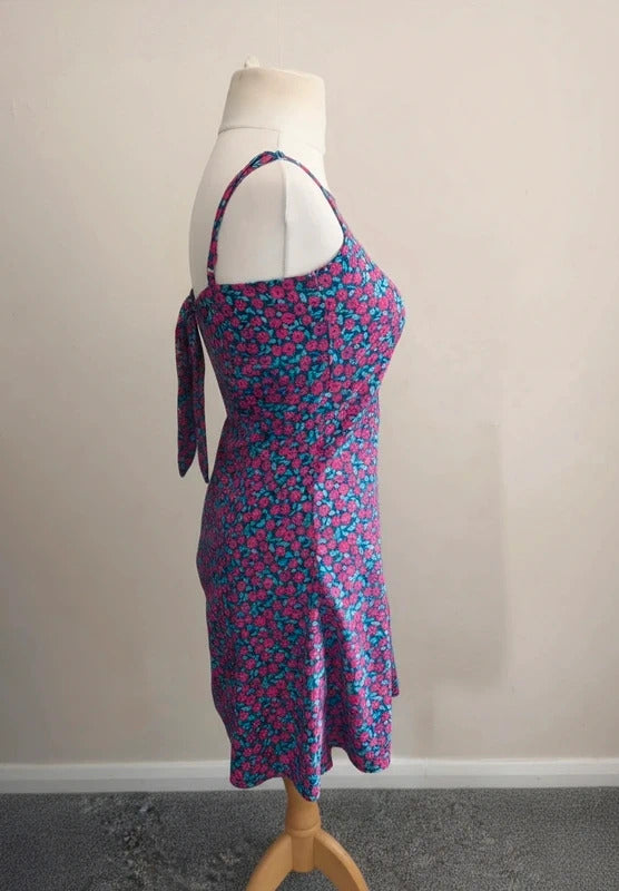 Ribbon Red, Blue & Green Floral Open Tie-Back Mini Dress Size 10