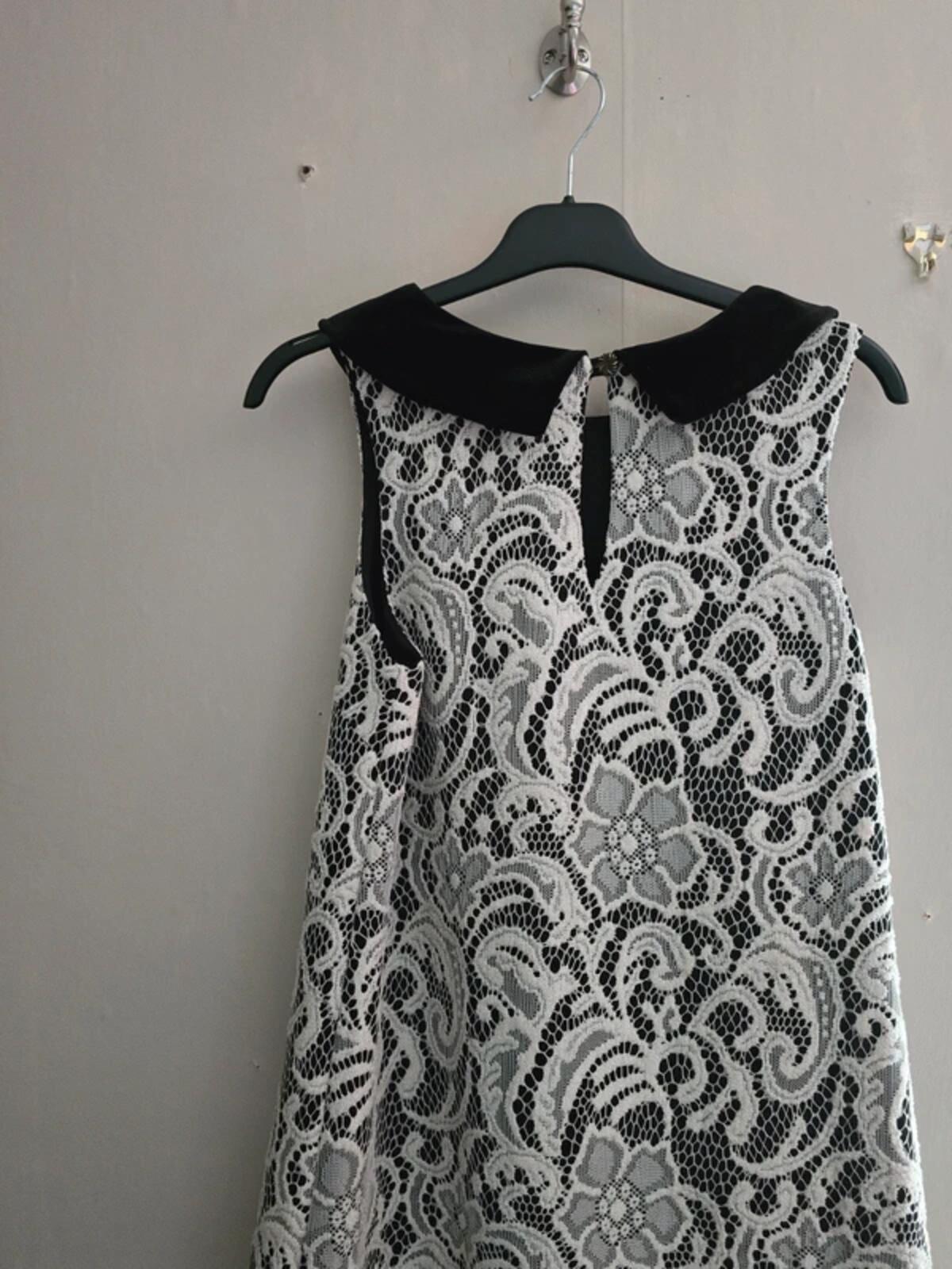 Topshop Black & White Lace Sleeveless A-Line Mini Dress Velvet Collar UK Size 10