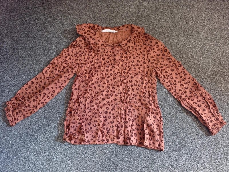 H&M Girls Brown Leopard Print Frill Collar Blouse – Age 6–7 Years