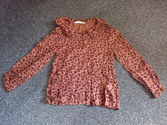 H&M Girls Brown Leopard Print Frill Collar Blouse – Age 6–7 Years