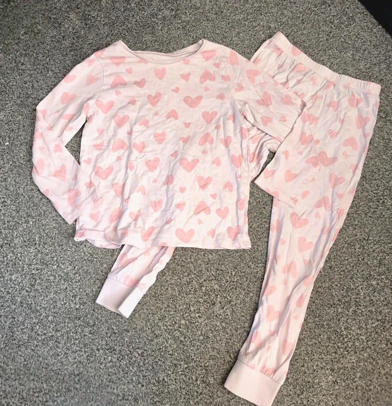 George Girls Pink Heart Print 2-Piece Long Sleeve Winter Pyjama Set Age 5-6 Years