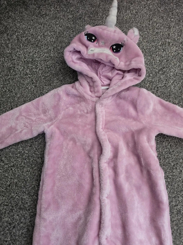 Bluezoo Baby Girls Pink Fluffy Fleece Unicorn Hooded All-In-One Sleepsuit 3-6 Months