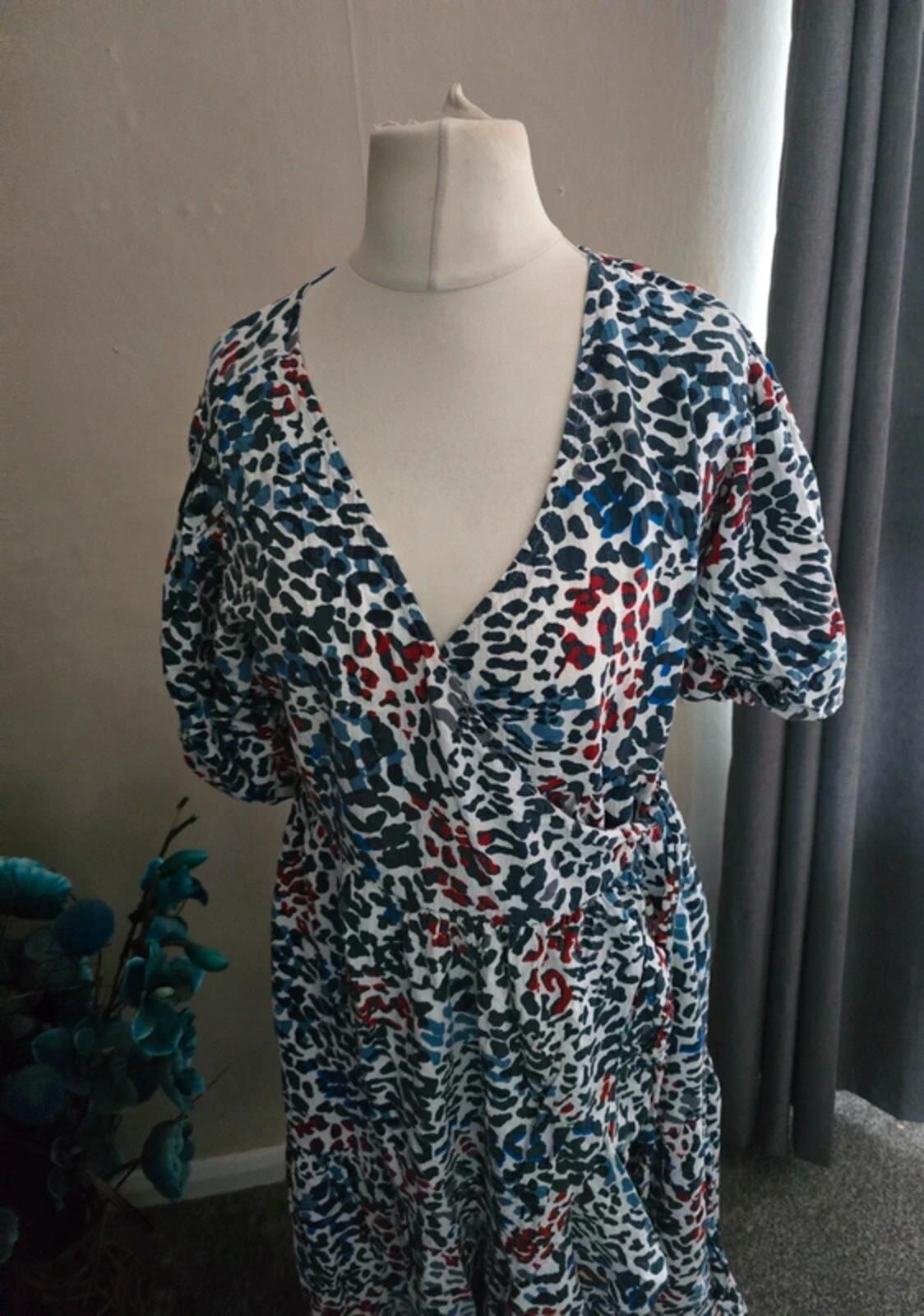 Next Multicoloured Animal Print Midi Wrap Dress with Puff Sleeves Size 12