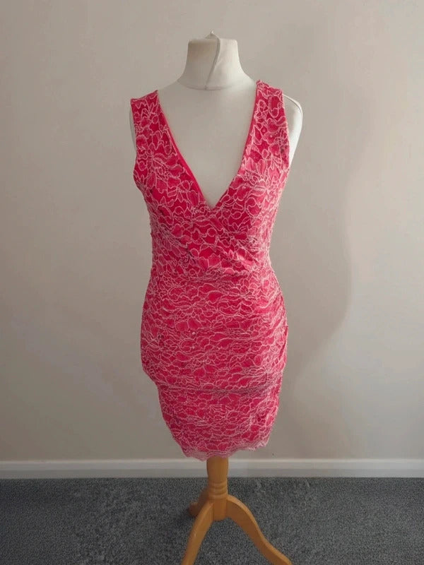 Lipsy London Pink & White Lace Bodycon Dress Size 12 Sequin Detail Occasion Wear