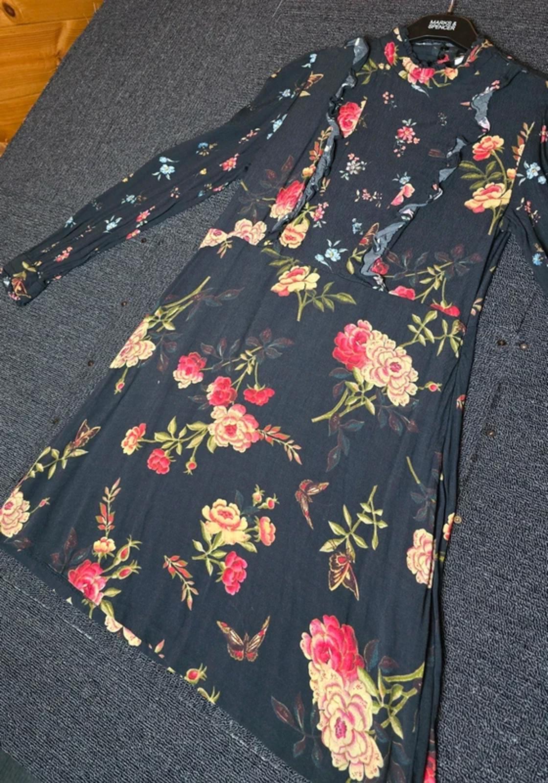 Zara Black Floral Mini Dress L Size 12 Long Sleeve Lace Back Frill Detail