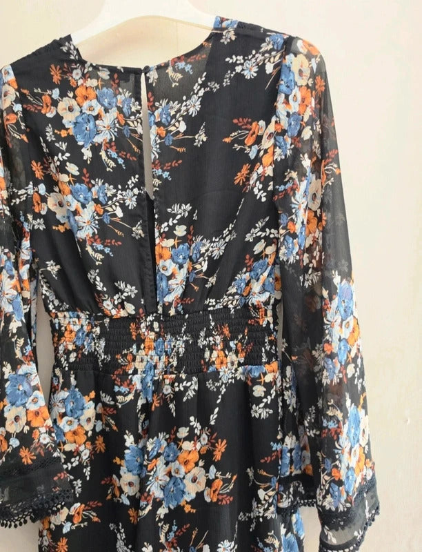 River Island Black Floral Sheer Bell Sleeve Playsuit Size 12