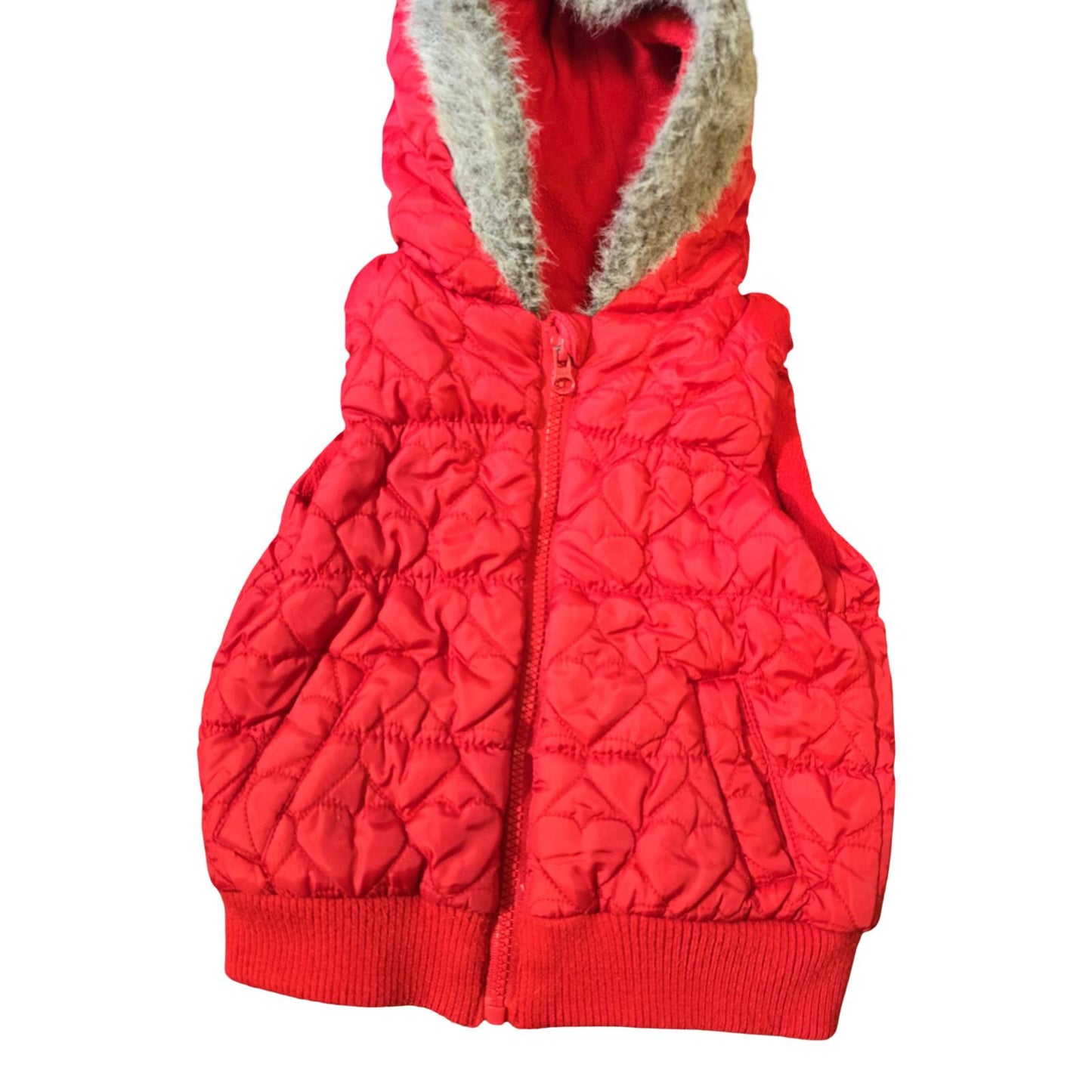 F&F Red Quilted Hooded Gilet – Faux Fur Trim – Age 2–3 – Fleece Lined Girls