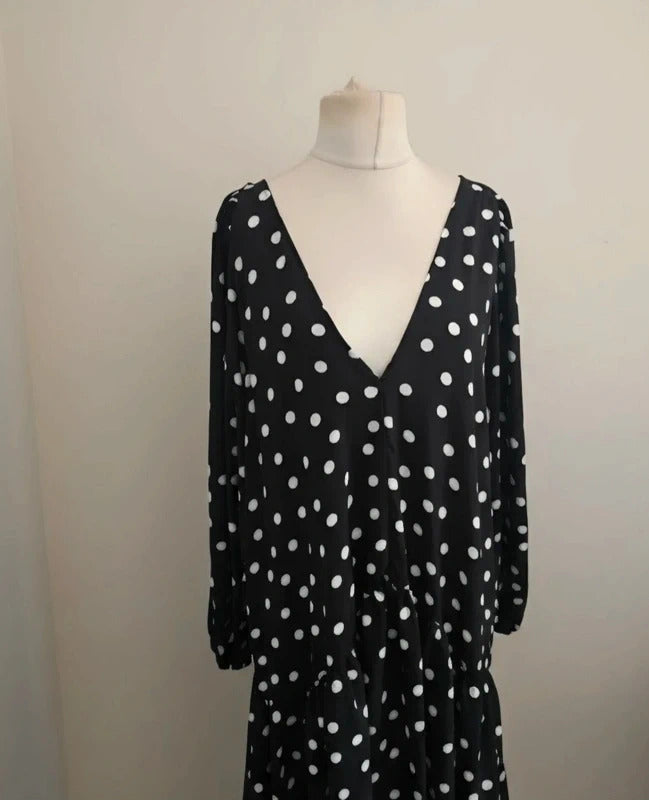 Edie B Black White Polka Dot Frill Dress Long Sleeve V Neck Size 18