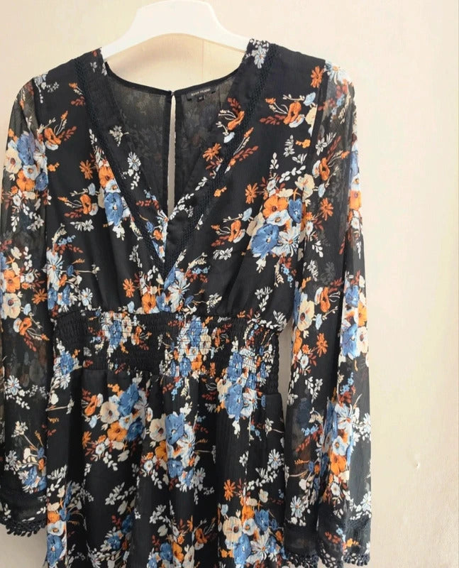 River Island Black Floral Sheer Bell Sleeve Playsuit Size 12