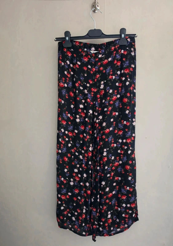 Miss Selfridge Black, Red & Purple Floral Wide-Leg Flared Trousers Size 10