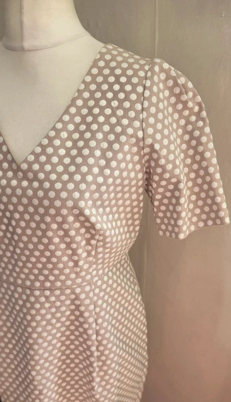 Pure Collection Beige White Polka Dot Tailored Short Sleeved Midi Dress Size 14