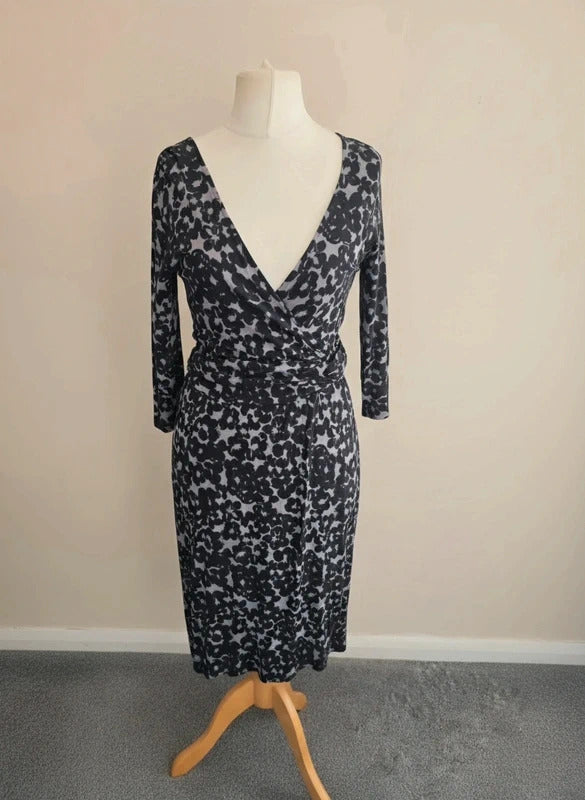 Monsoon Women's Black & Grey Floral Wrap-Front Midi Dress Size 12