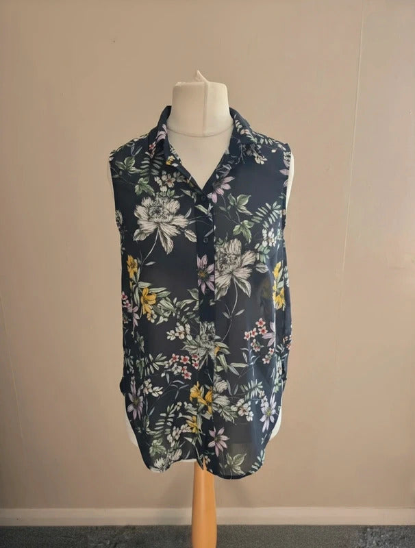 H&M Black Floral Sheer Sleeveless Dip-Hem Blouse Size UK 6-8 (EUR 34)