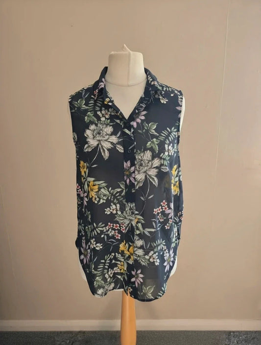 H&M Black Floral Sheer Sleeveless Dip-Hem Blouse Size UK 6-8 (EUR 34)