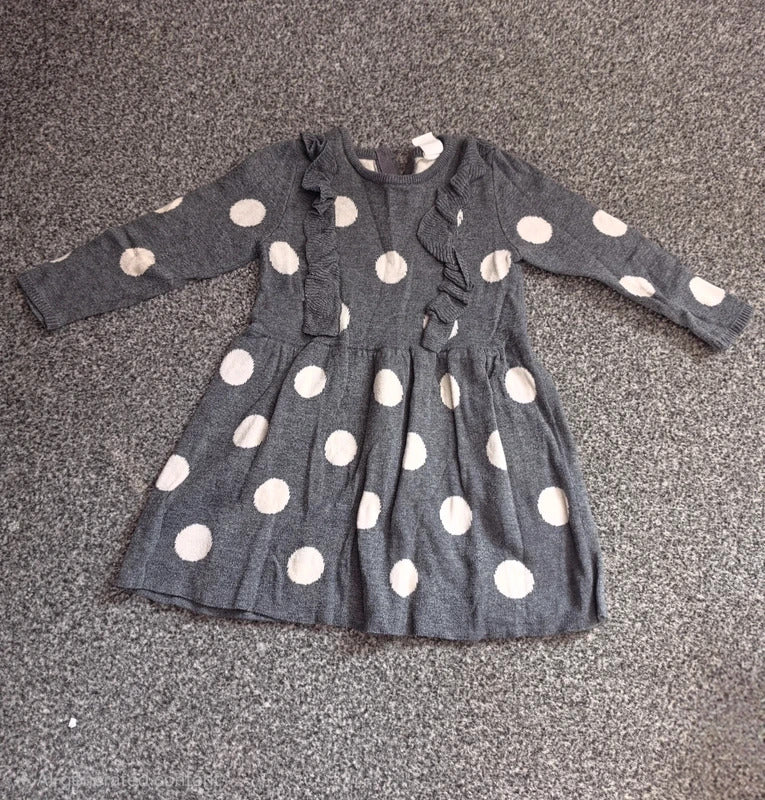 H&M Baby Girls Grey & White Polka Dot Ruffle Knit Dress 6-9 Months