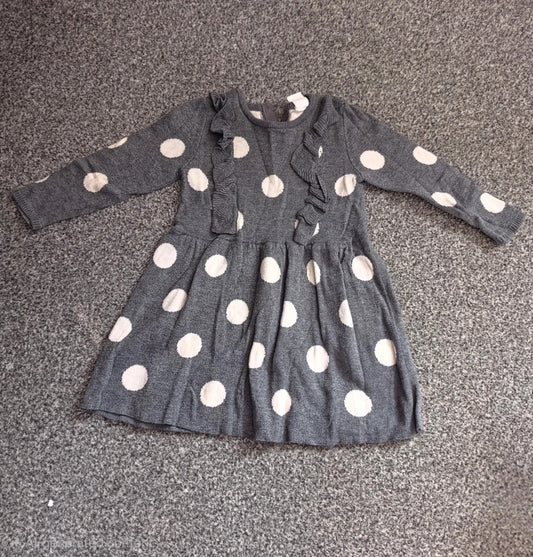 H&M Baby Girls Grey & White Polka Dot Ruffle Knit Dress 6-9 Months