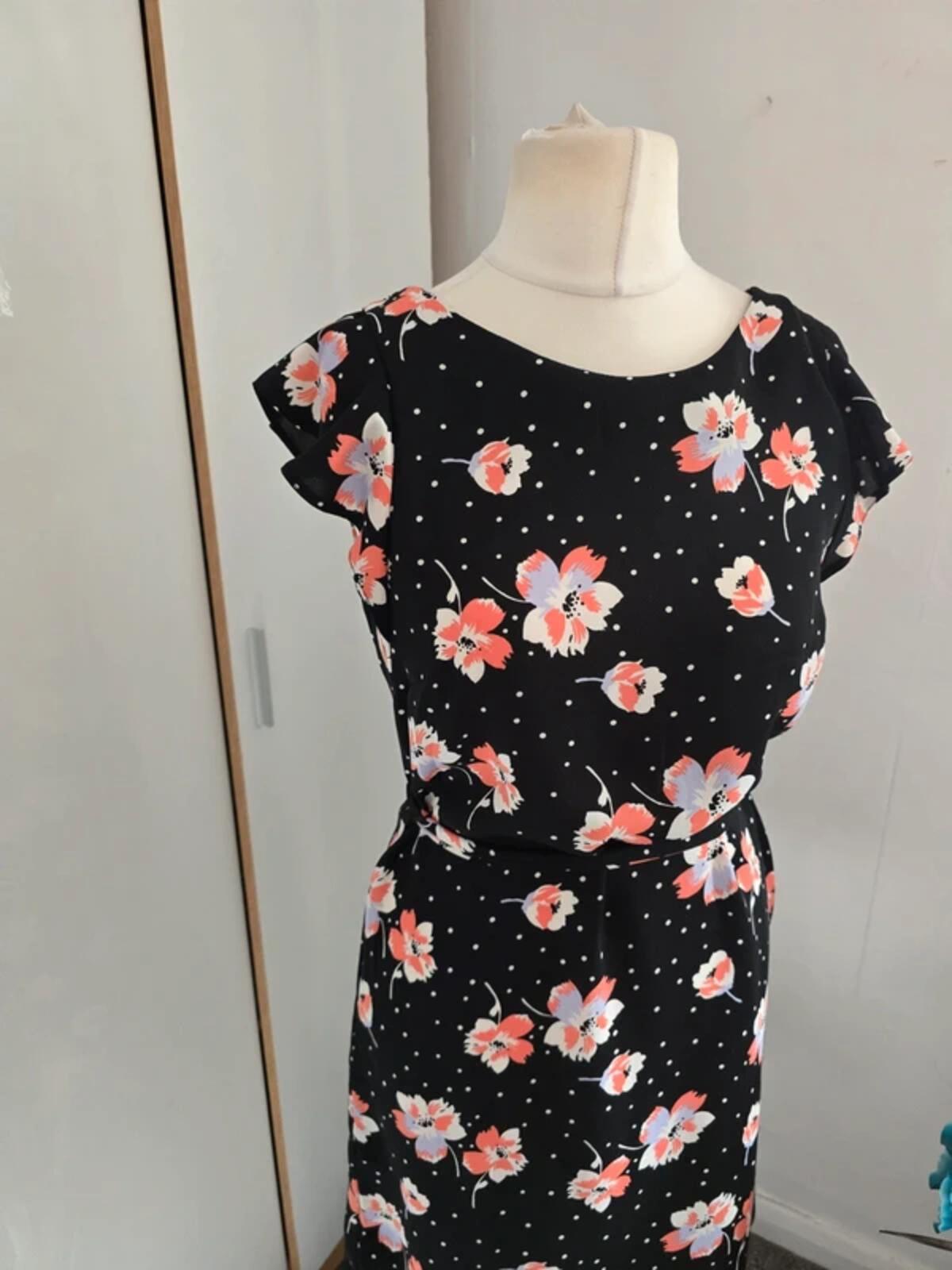 Roman Black Floral & Polka Dot Flared Midi Dress Size 10
