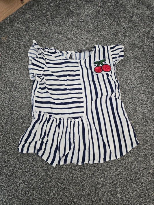 Primark Girls White & Navy Striped Sequin Cherry Frill T-Shirt Age 4-5 Years