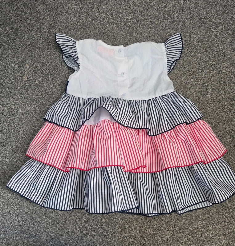 Baby C Girls Black White & Red Striped Tiered Raffle Sleeve Dress Age 18-24 Months