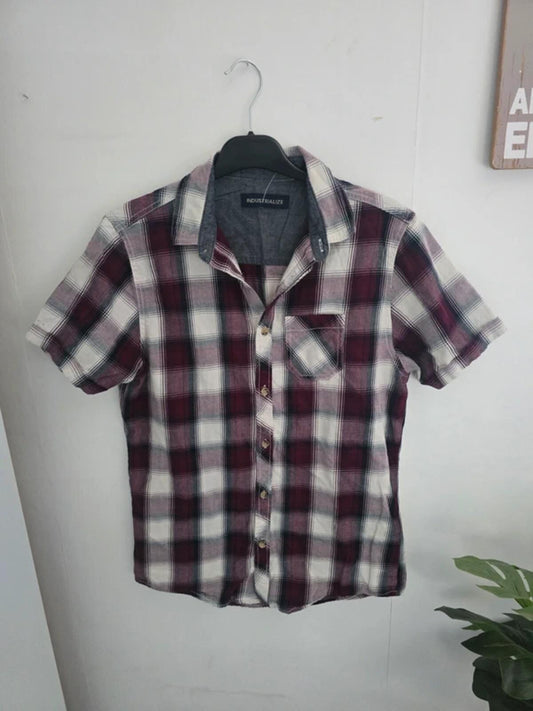 Industrialize Mens Burgundy & White Checked Cotton Shirt Size S