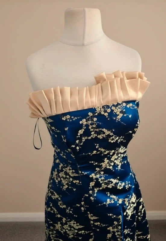 Bespoke Elizabeth Glaze Y2K Royal Blue Cream Frill Evening Dress