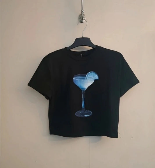 SHEIN Black Cropped T-Shirt M Size 10-12 Blue Cocktail Graphic Print Baby Tee