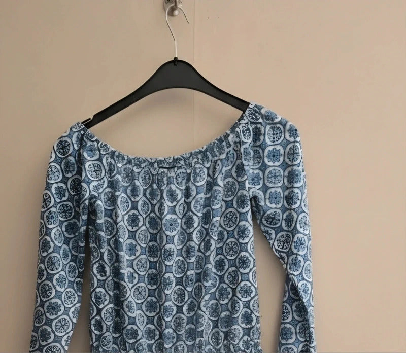 Boohoo Blue & White Patterned Off Shoulder Playsuit 3/4 Sleeves Size 10