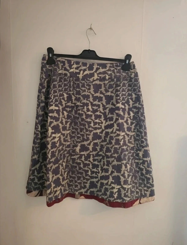 White Stuff Reversible Skirt 10 Blue Cream Bird Print Burgundy Floral 100 Cotton