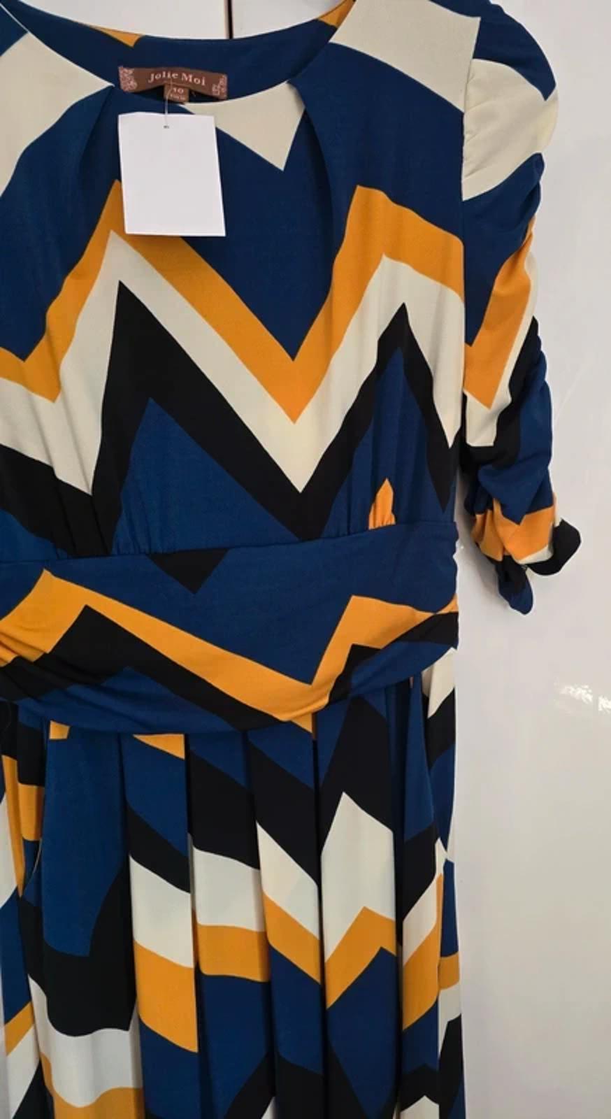 Jolie Moi blue black cream & orange patterned midi long dress 3/4 sleeves 10 NWT