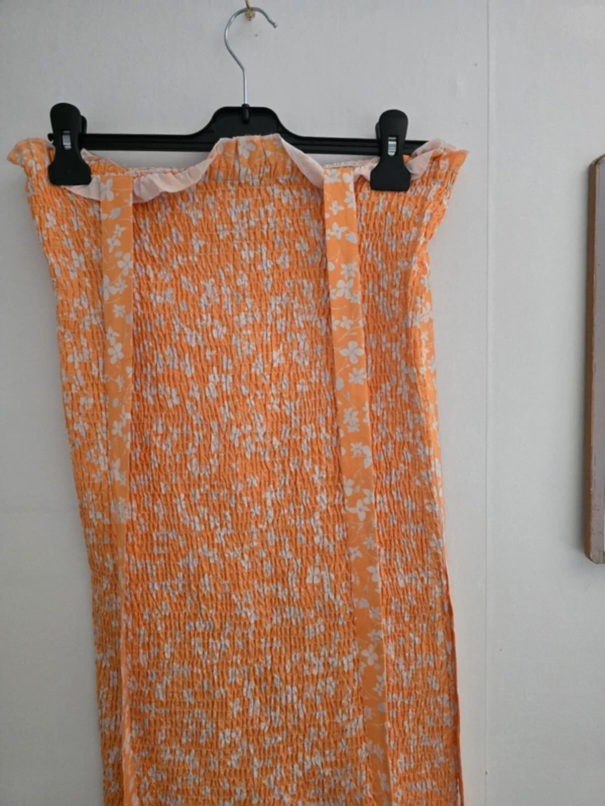 Orange White Floral Shirred Mini Dress Size 8 Small Bodycon Tie Straps