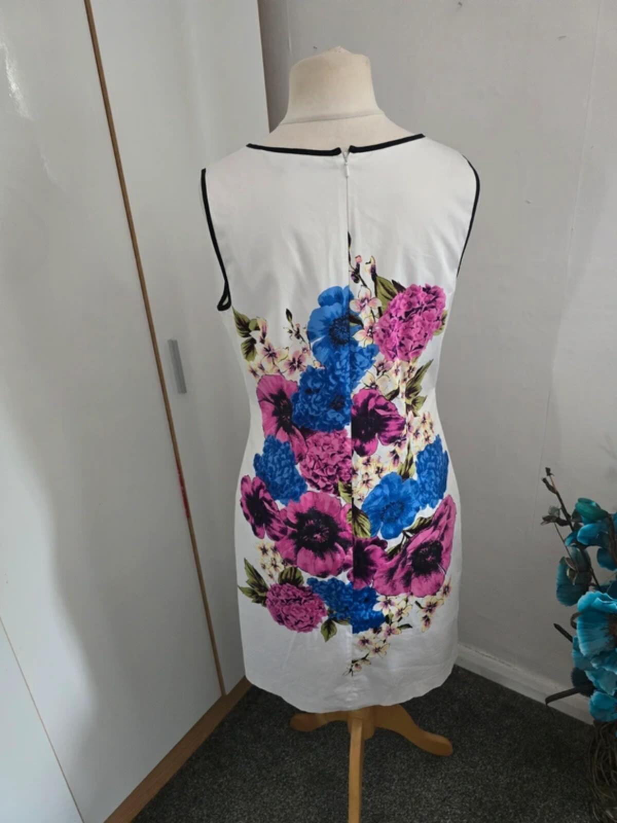 Debenhams Floral A-Line Dress Size 14 White Cotton Knee Midi Sleeveless