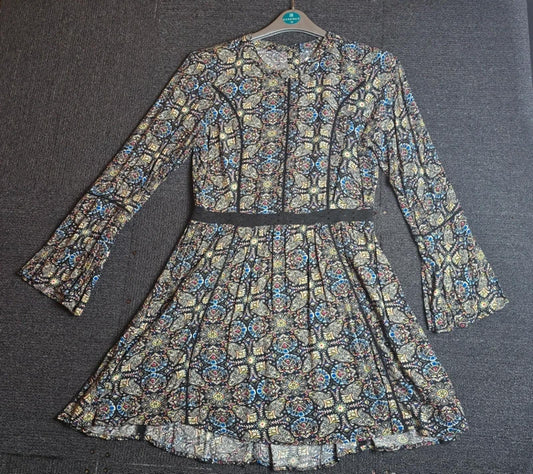 Brave Soul Patterned Dress Black Multicolour Size 12 Knee Length Casual Wear