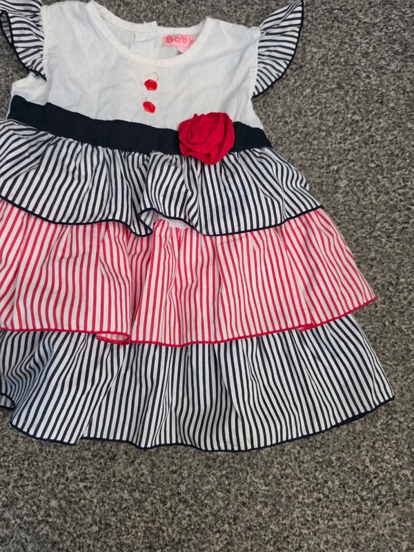 Baby C Girls Black White & Red Striped Tiered Raffle Sleeve Dress Age 18-24 Months