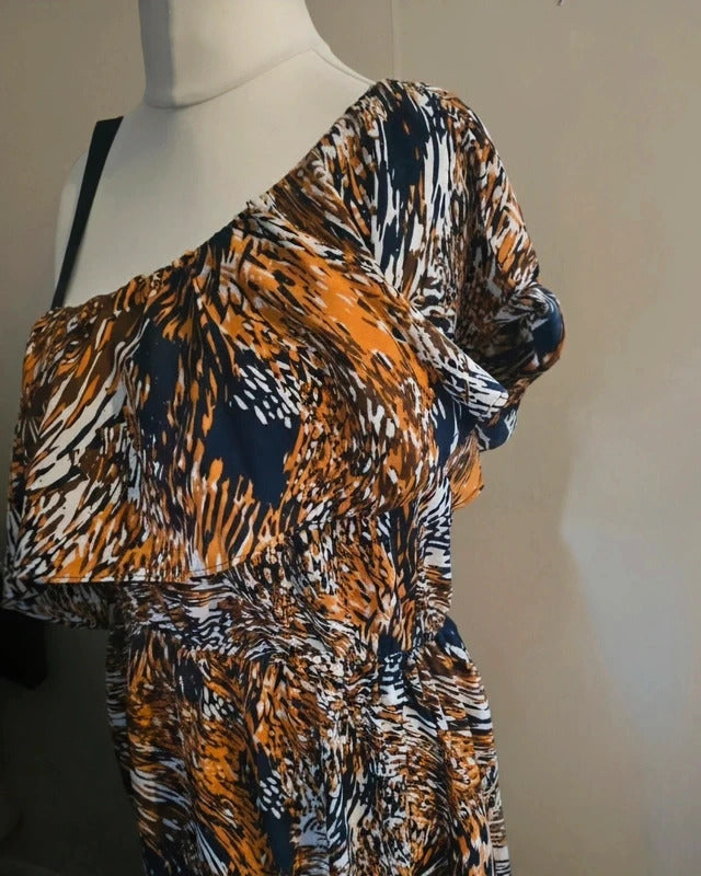 Pep & Co Orange & Navy Floral One Shoulder Slit Flared Maxi Dress Size 16 NWT