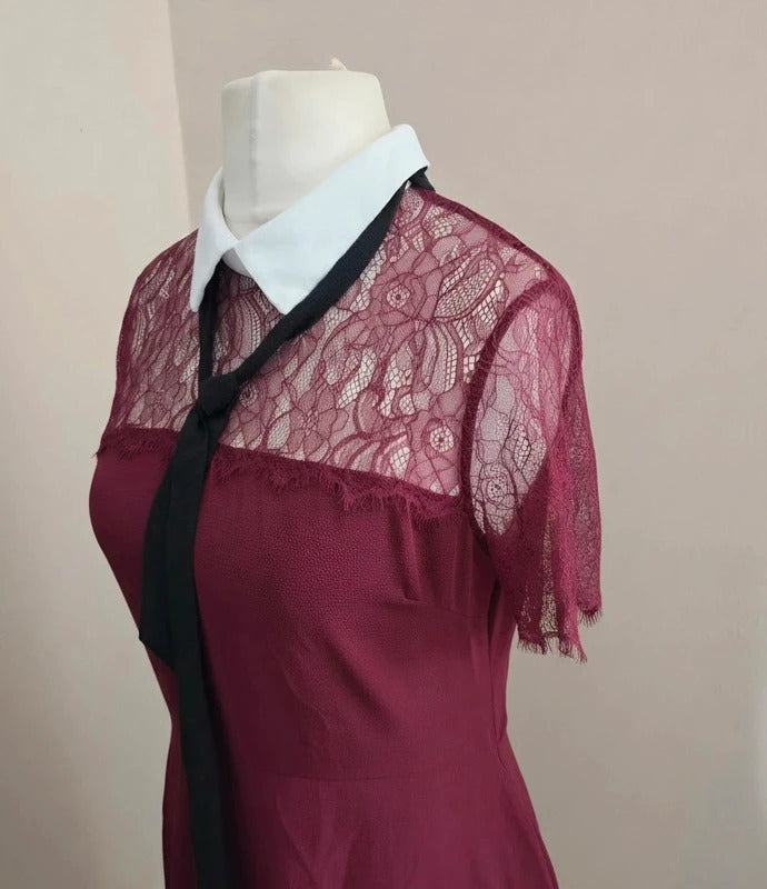 Blue Vanilla Burgundy Lace Sleeve White Collar Tie Midi Dress NWT Size 12