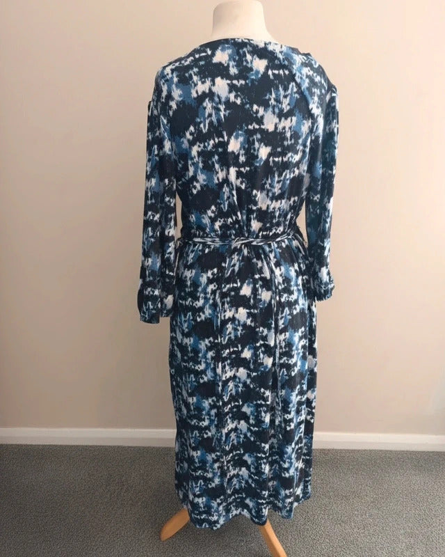 Primark Women's Blue, Black & White Patterned Belted Midi Dress Size 16