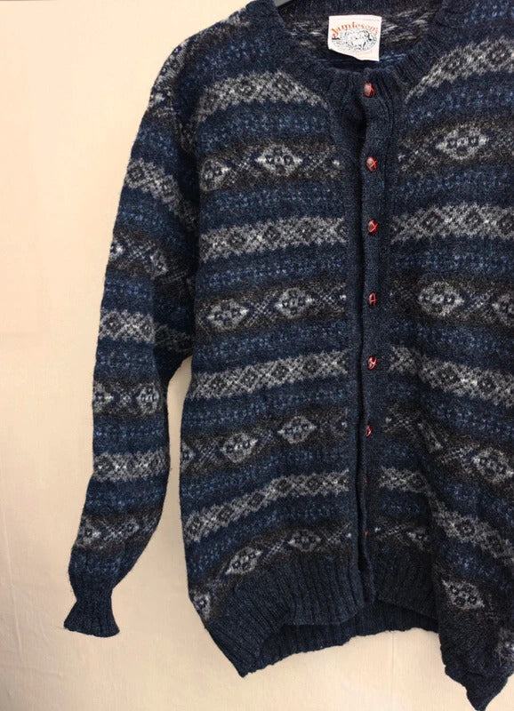 Vintage Jamieson's Shetland Navy & Grey Fair Isle Wool Cardigan (80s/90s)