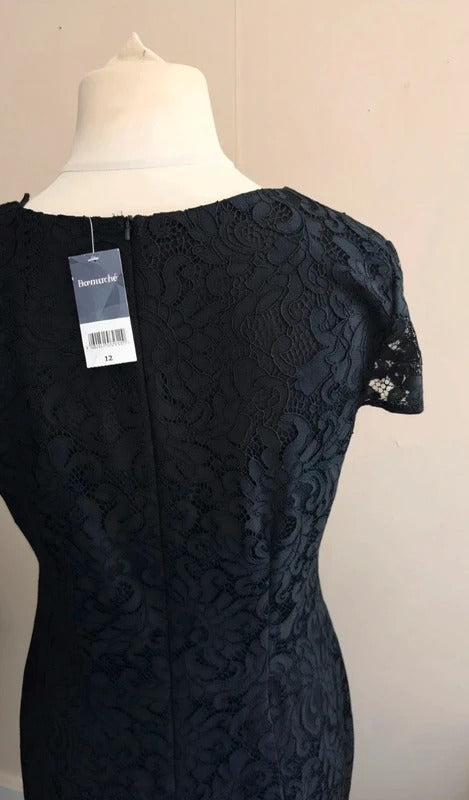 Bonmarche Women's Black Lace Short-Sleeved Sheer Hem Midi Dress NWT Size 12