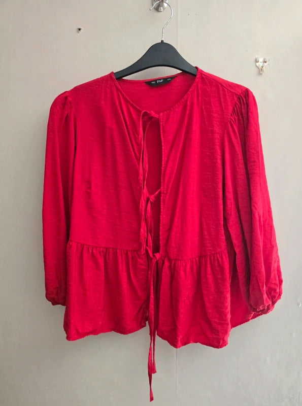 F&F Red Tie-Front Long Sleeved Oversized Blouse Top Size 12