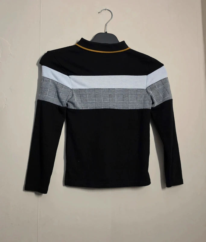 Firetrap Boys Black, Grey & White Checked Long Sleeve Polo Top – Age 6-7 Years