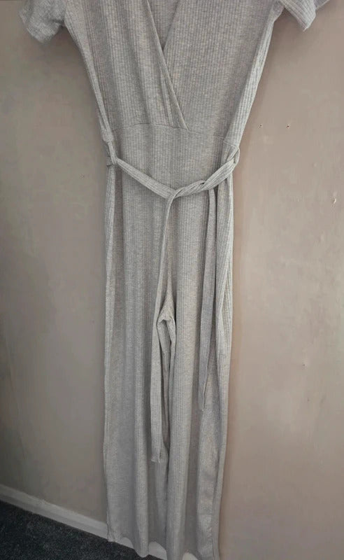 Long Tall Sally Light Grey Ribbed Flared Full-Length Jumpsuit Size 14 New