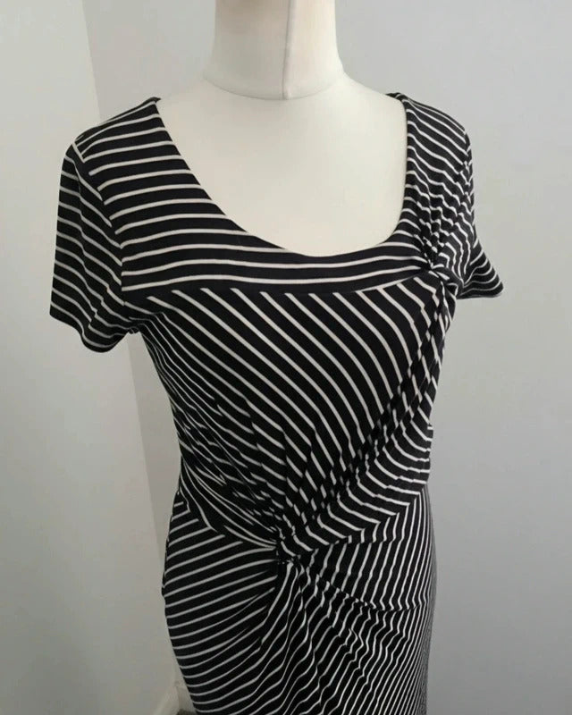 Laura Ashley Women's Black & Beige Striped Ruched Knot Front Midi Dress Size 14
