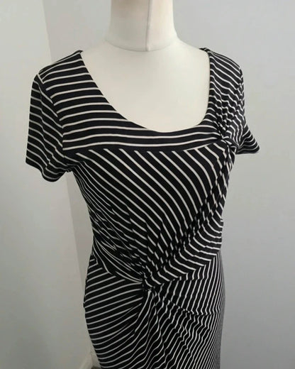 Laura Ashley Women's Black & Beige Striped Ruched Knot Front Midi Dress Size 14
