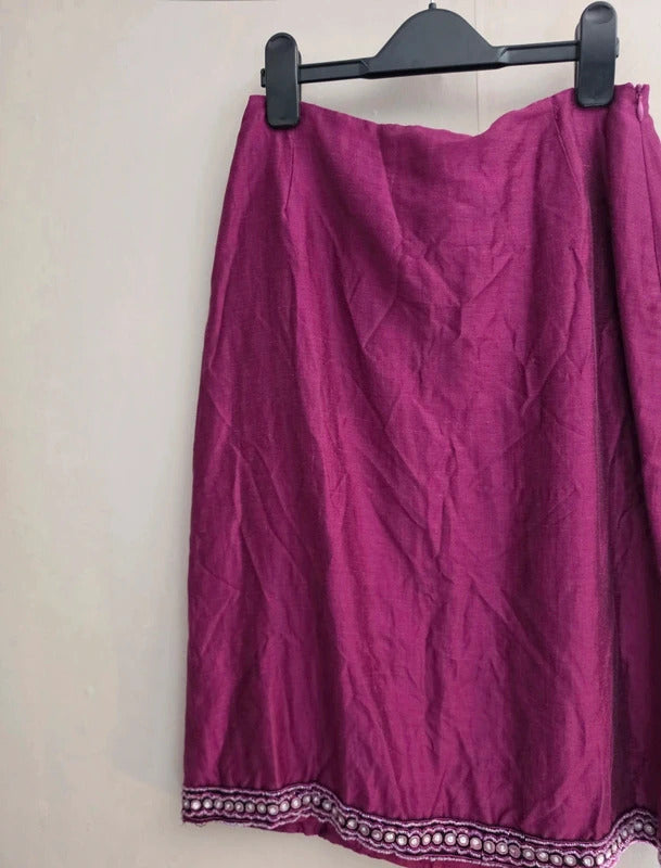 Vintage Betty Barclay Purple Beaded Hem Linen Blend Midi Skirt Size 10
