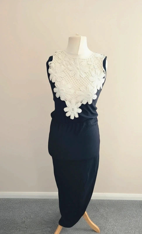Primark Women's Black & Cream Crochet Yoke Bodycon Maxi Dress Size 10