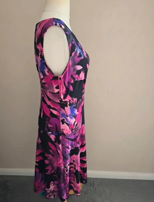 Connected Apparel Pink, Purple & Black Abstract Floral Sleeveless Dress Size 12