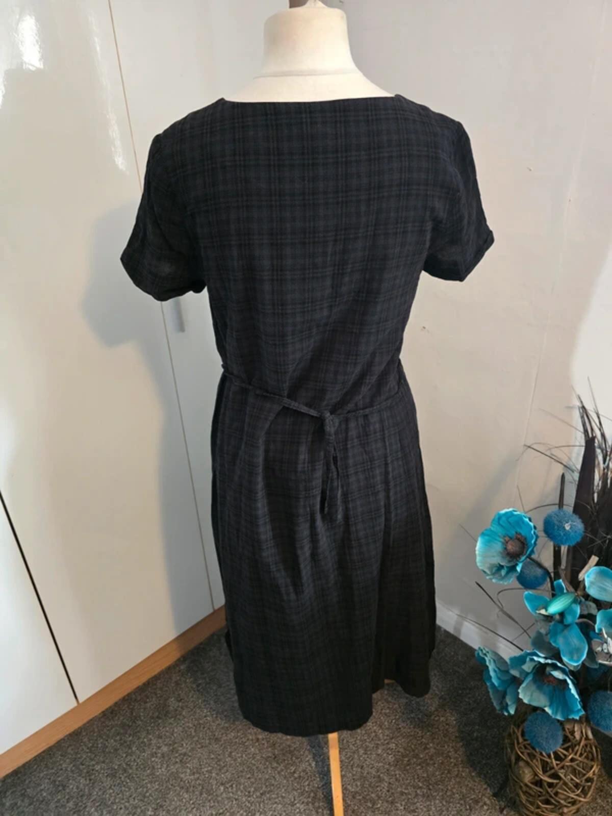 Seasalt Cornwall Black Checked Midi Dress Size 10 Short Sleeve A-Line Pockets