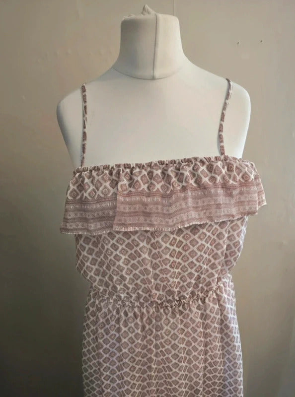 Miss Selfridge Beige & White Patterned Adjustable Strap Flared Maxi Dress 12